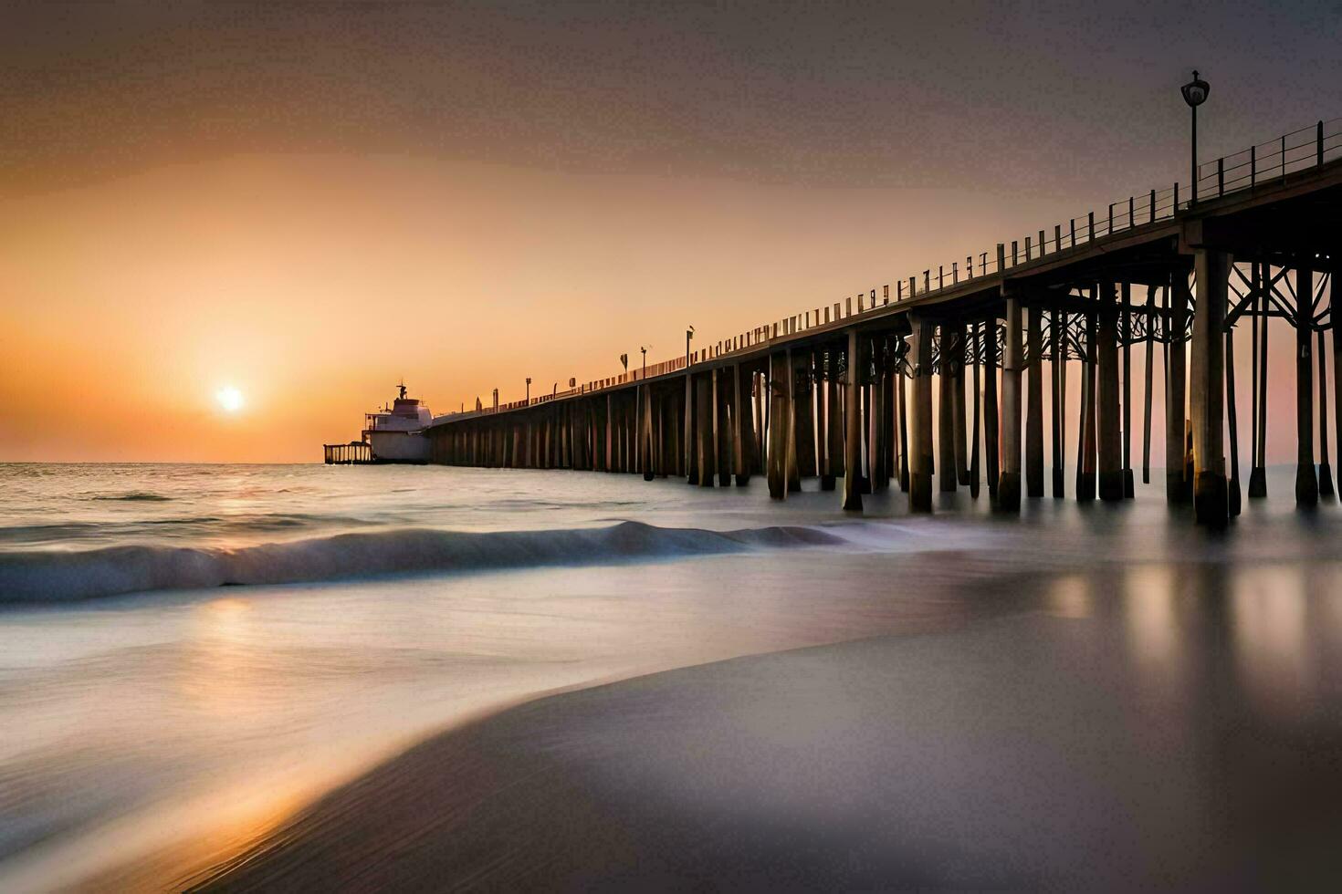 il sole imposta al di sopra di il oceano e molo a tramonto. ai-generato foto