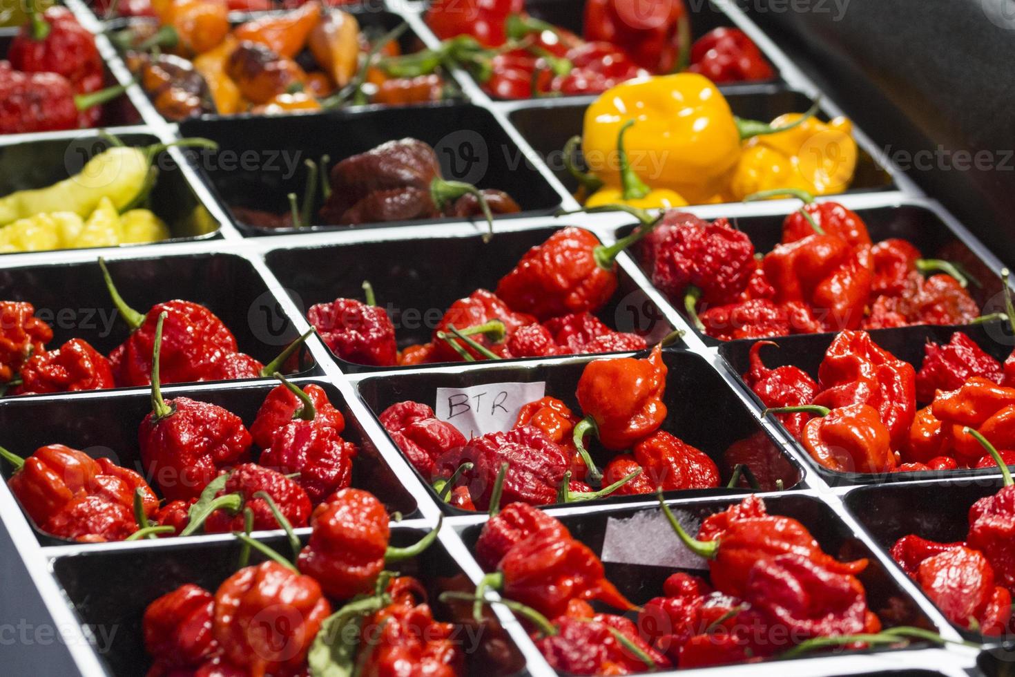 peperoncini piccanti di vari colori, venduti al mercato foto