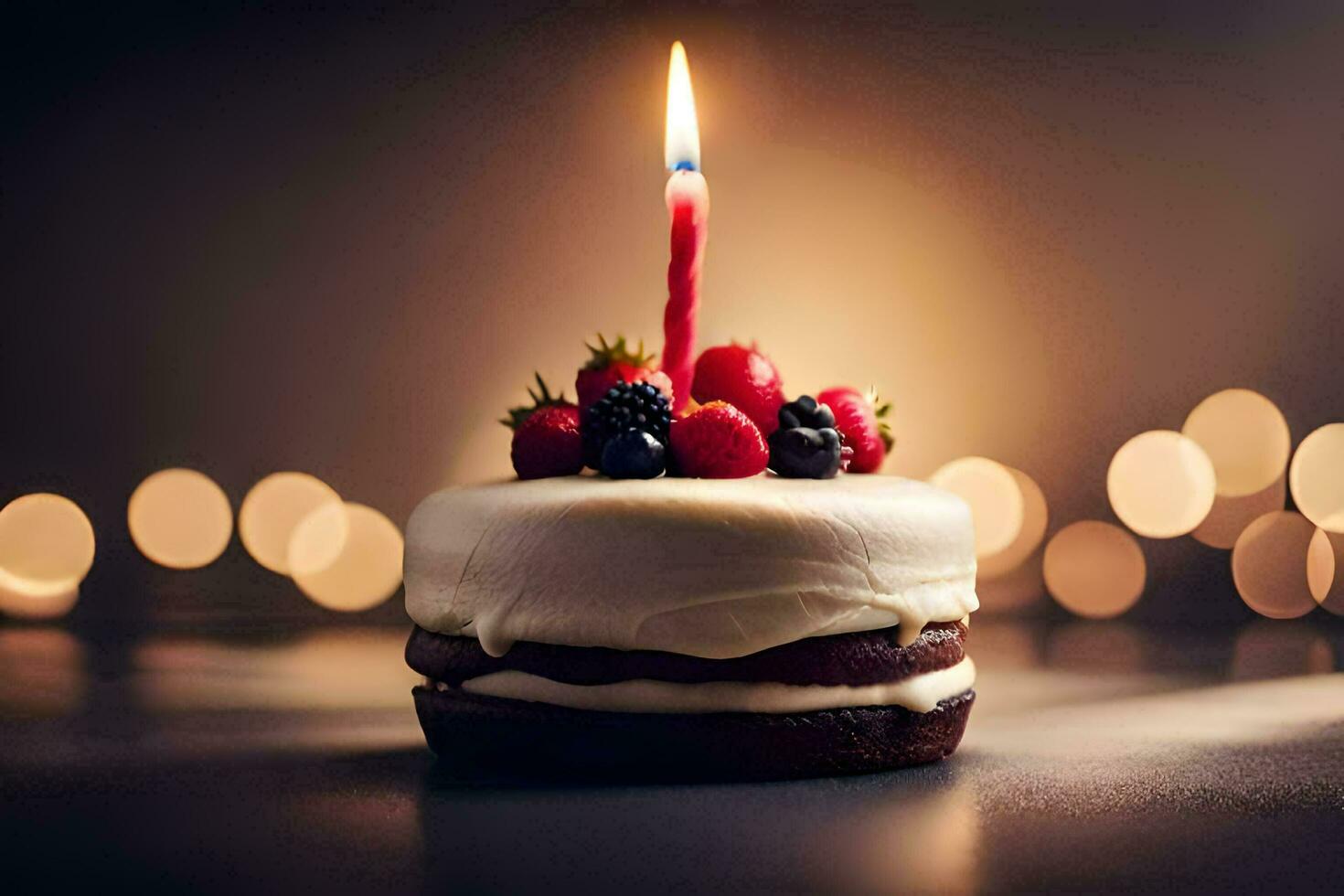 un' compleanno torta con un' singolo candela. ai-generato foto