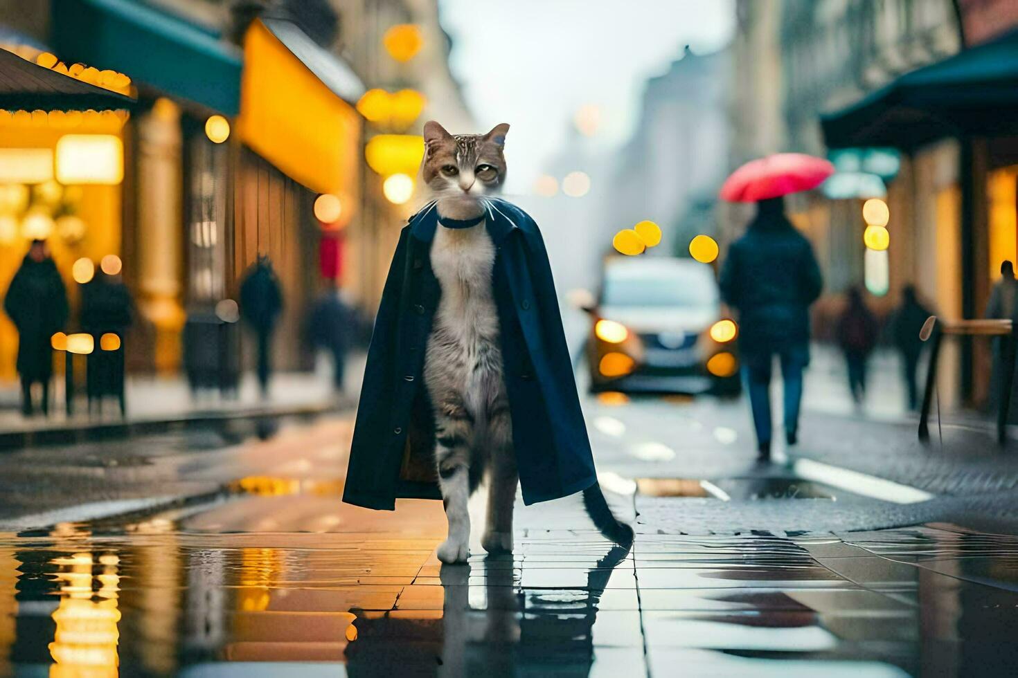 un' gatto nel un' cappotto a piedi giù un' strada. ai-generato foto