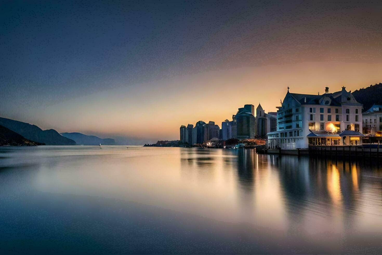 un' bellissimo tramonto al di sopra di il acqua e edifici. ai-generato foto