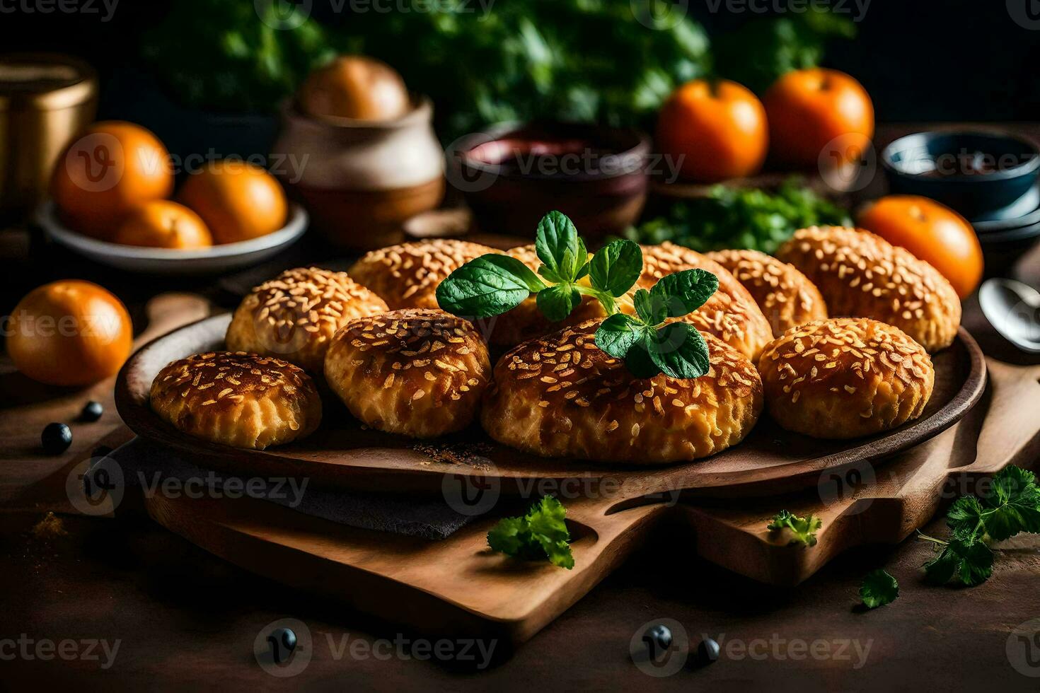 un' piatto di cibo con pane e arance. ai-generato foto