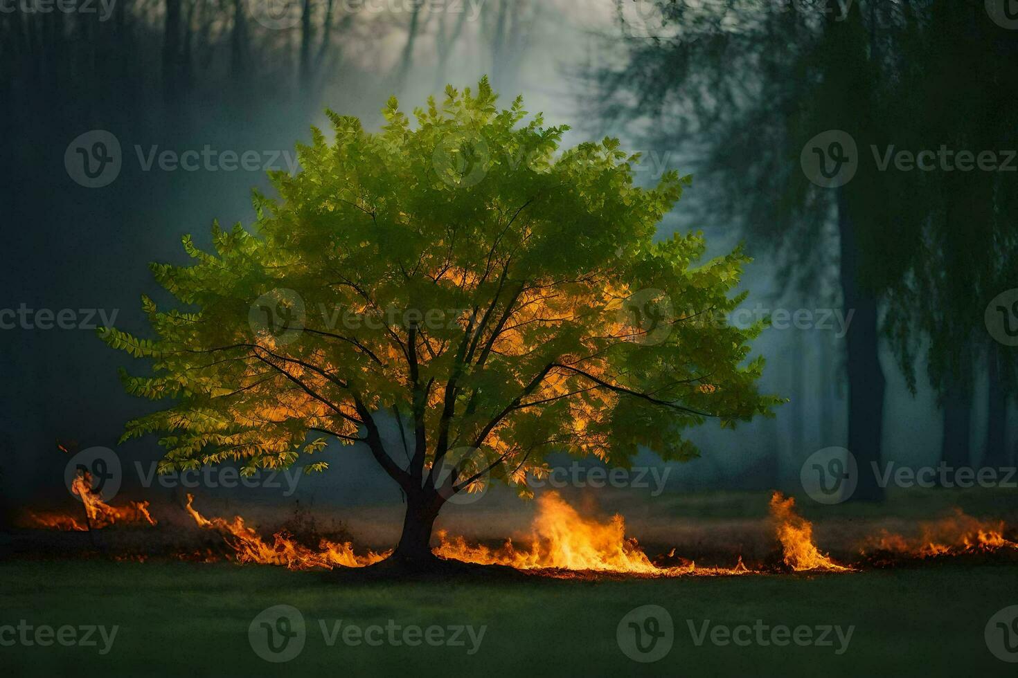 un' albero è ardente nel il mezzo di un' campo. ai-generato foto