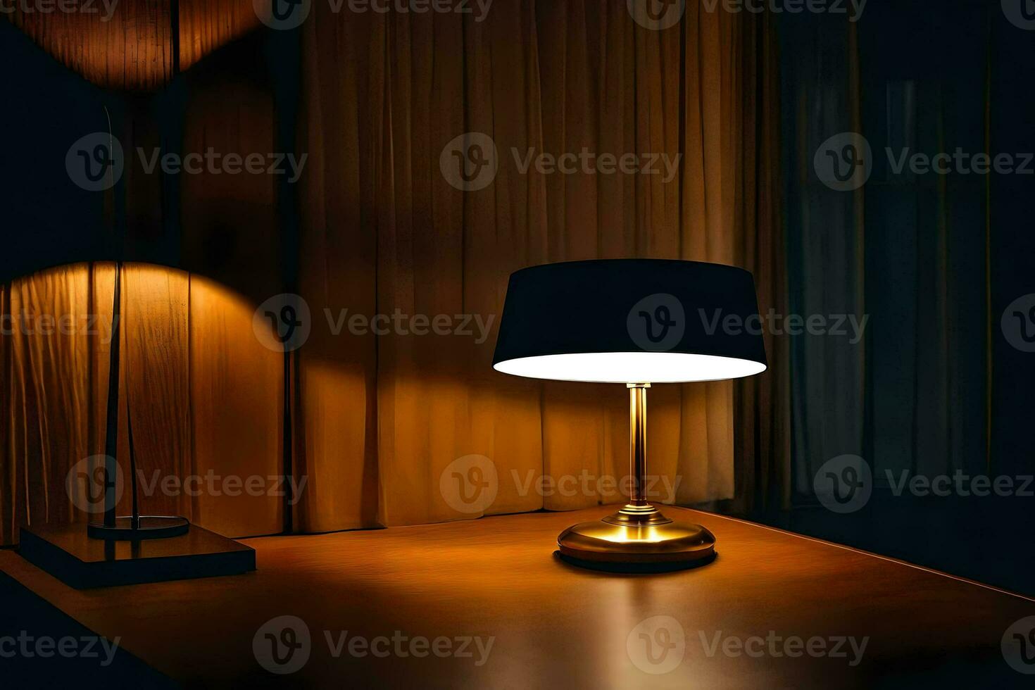 un' tavolo lampada è su un' tavolo nel un' buio camera. ai-generato foto