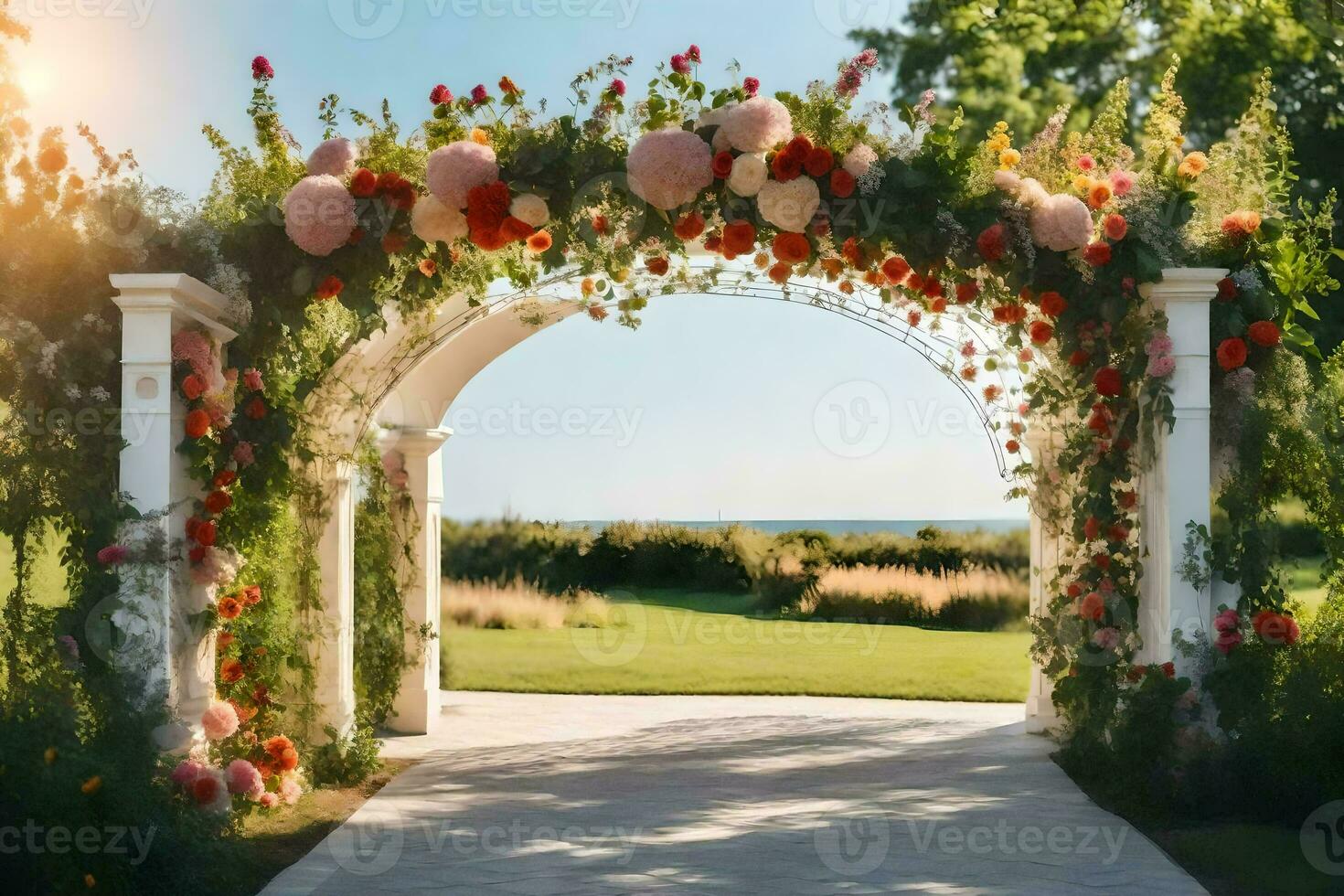 un' nozze arco con fiori e palloncini. ai-generato foto