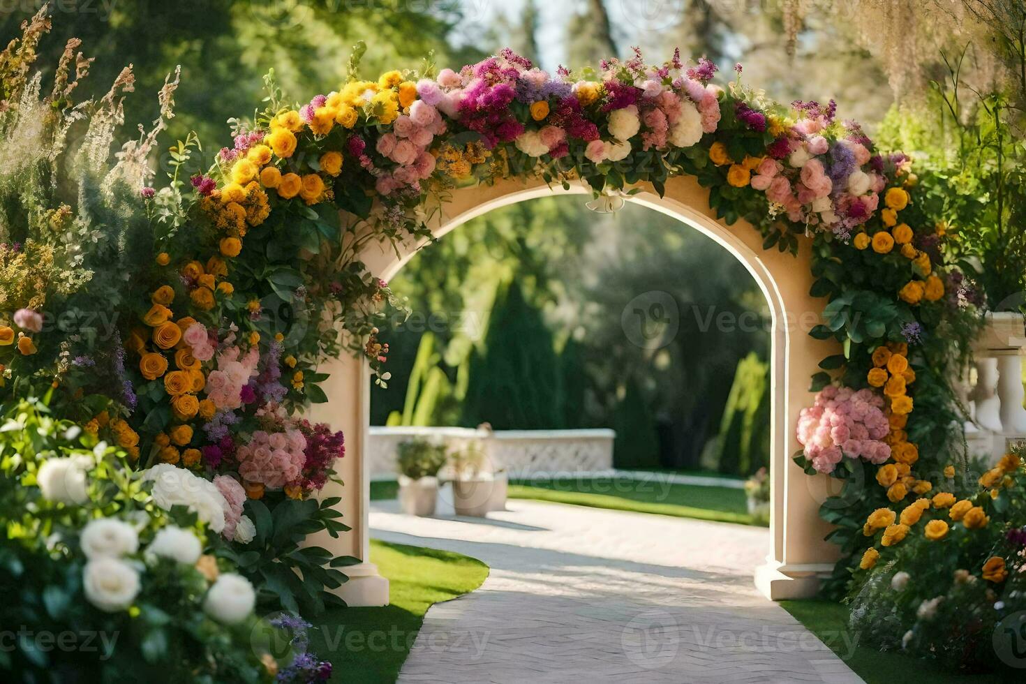 un' colorato arcata con fiori nel il sfondo. ai-generato foto