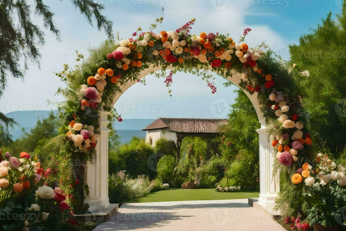 un' nozze arco con fiori e verde. ai-generato foto