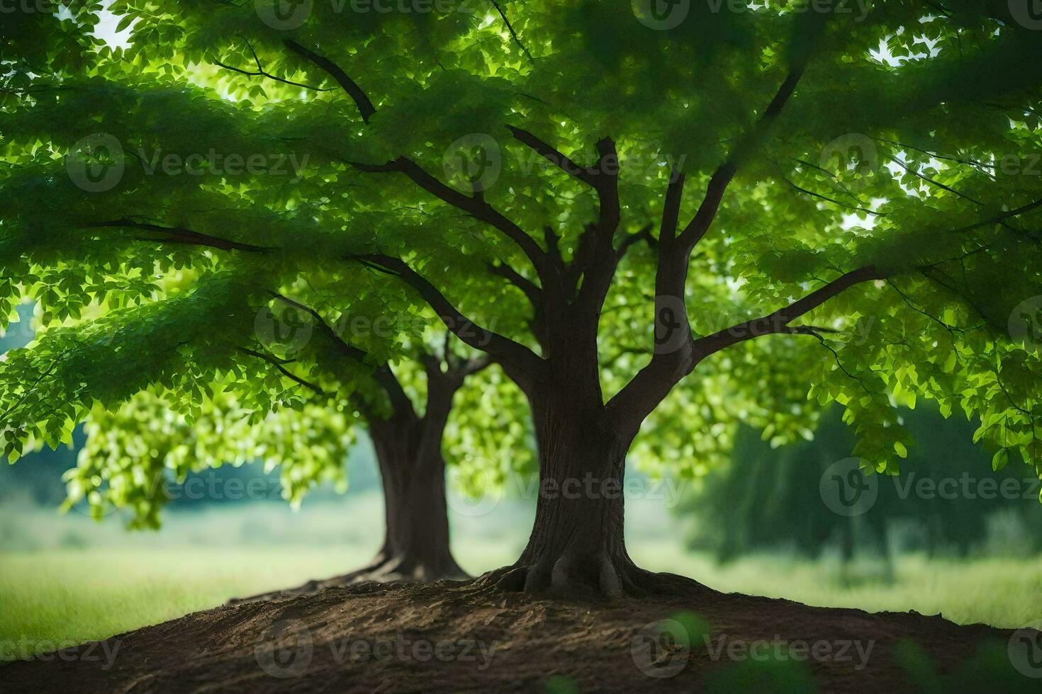 Due alberi siamo in piedi nel il mezzo di un' campo. ai-generato foto