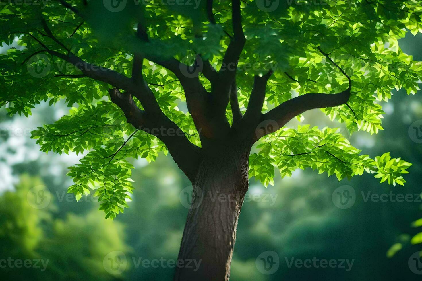un' albero con verde le foglie nel il mezzo di un' foresta. ai-generato foto