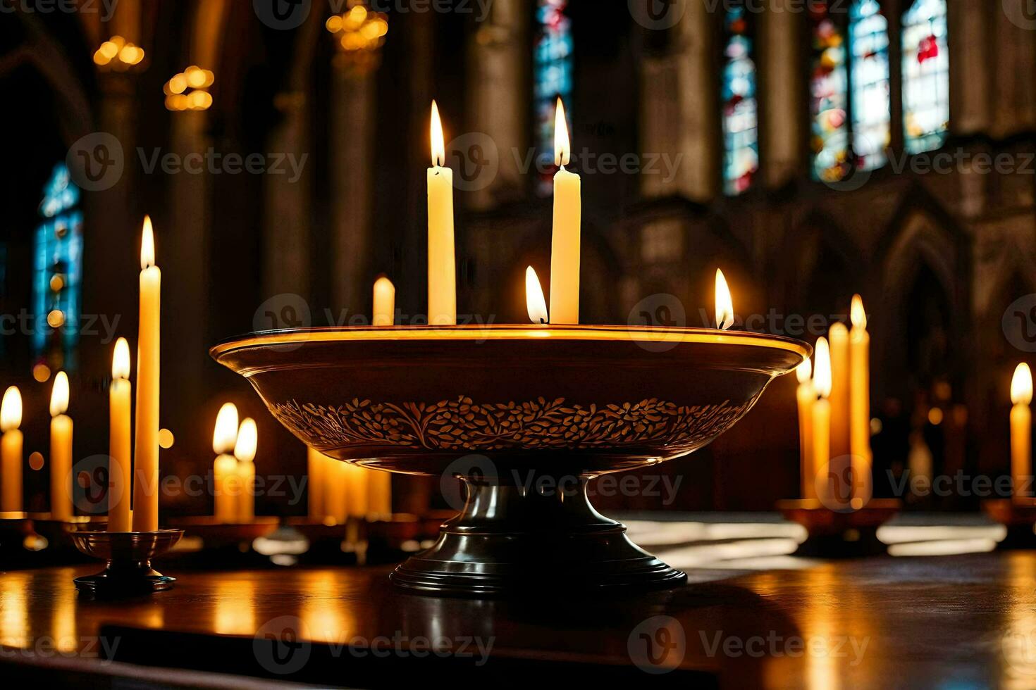 candele siamo illuminato nel un' Chiesa con macchiato bicchiere finestre. ai-generato foto