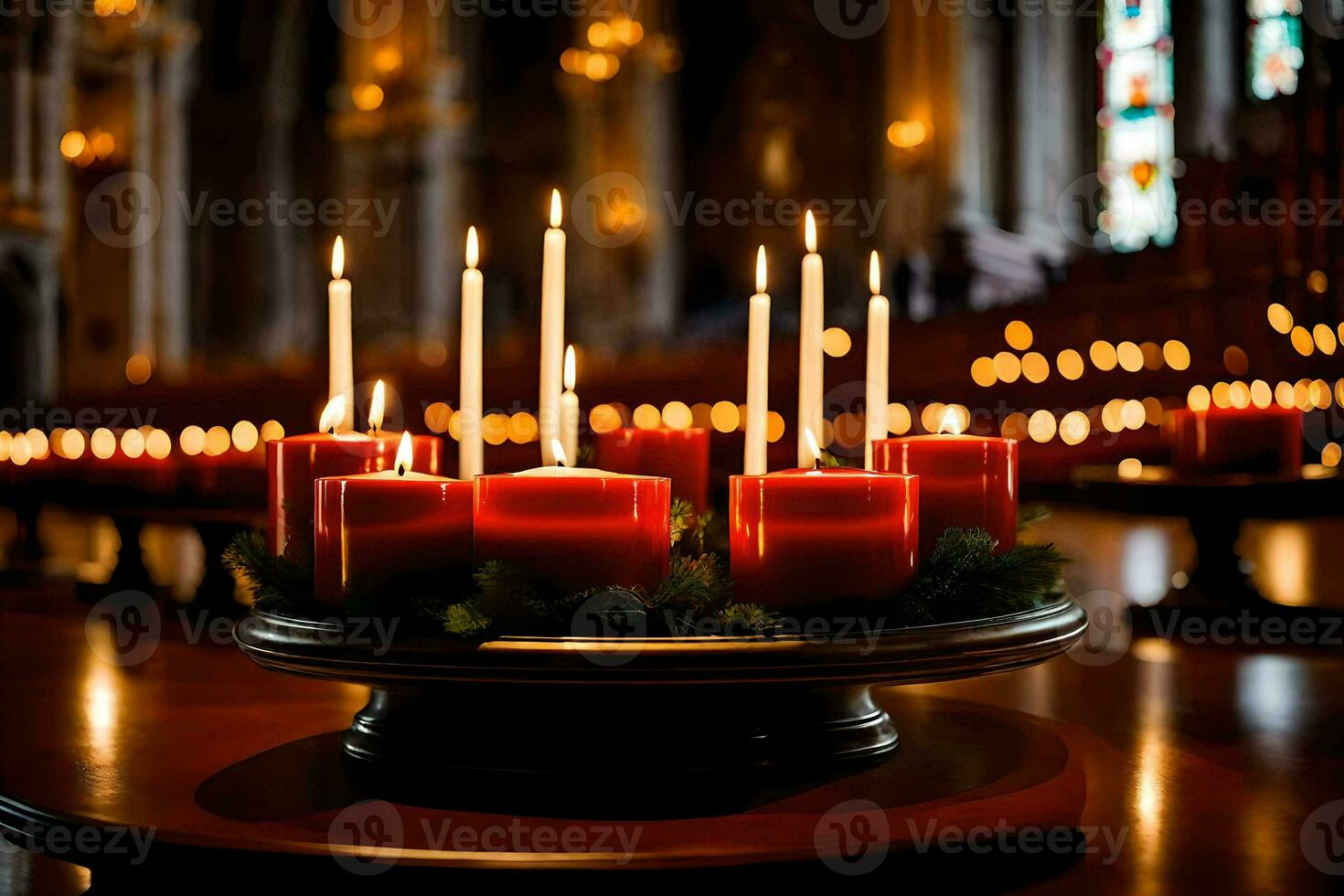 un' gruppo di rosso candele sedersi su un' tavolo nel un' Chiesa. ai-generato foto
