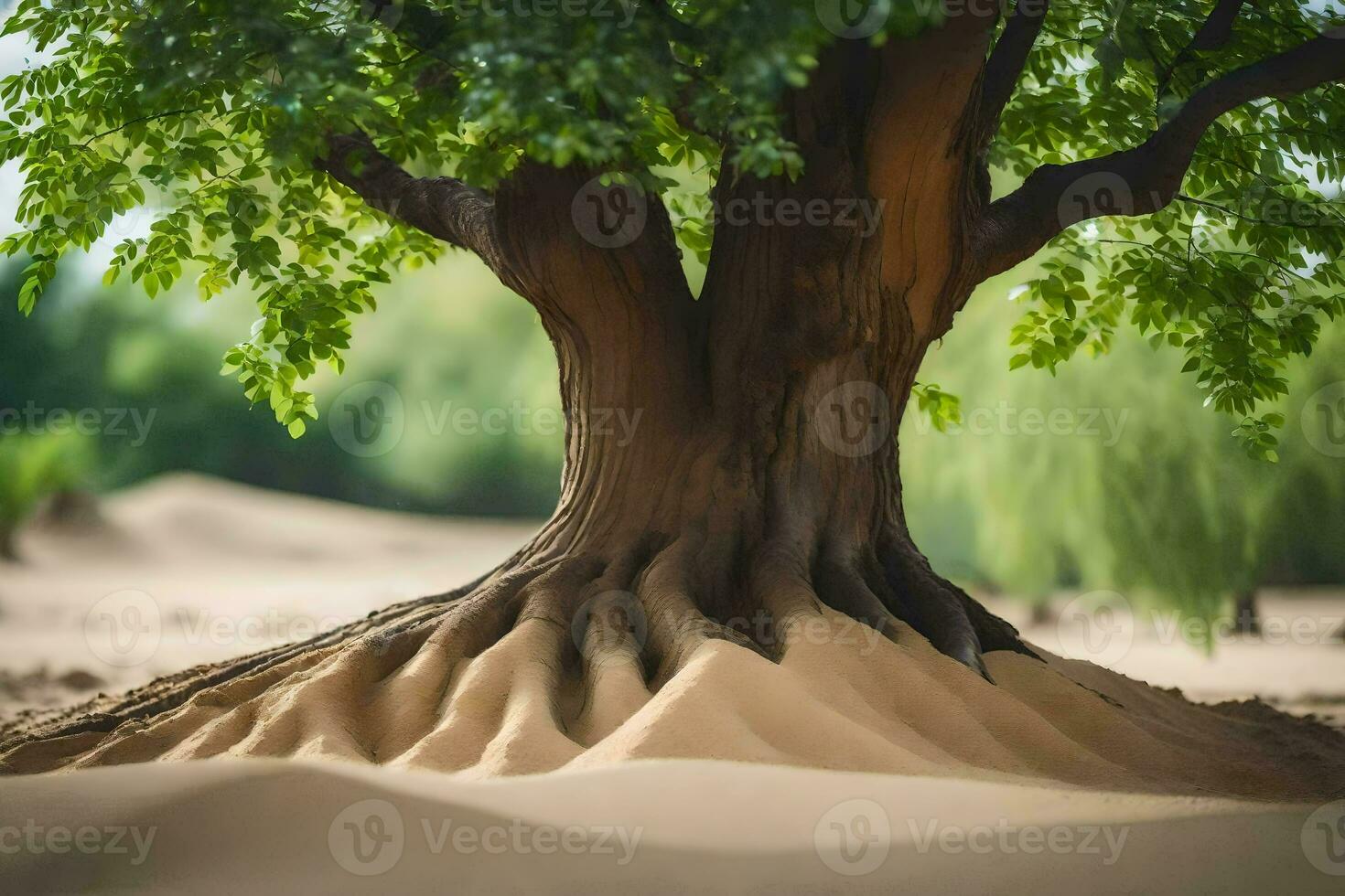 un' albero con radici nel il sabbia. ai-generato foto