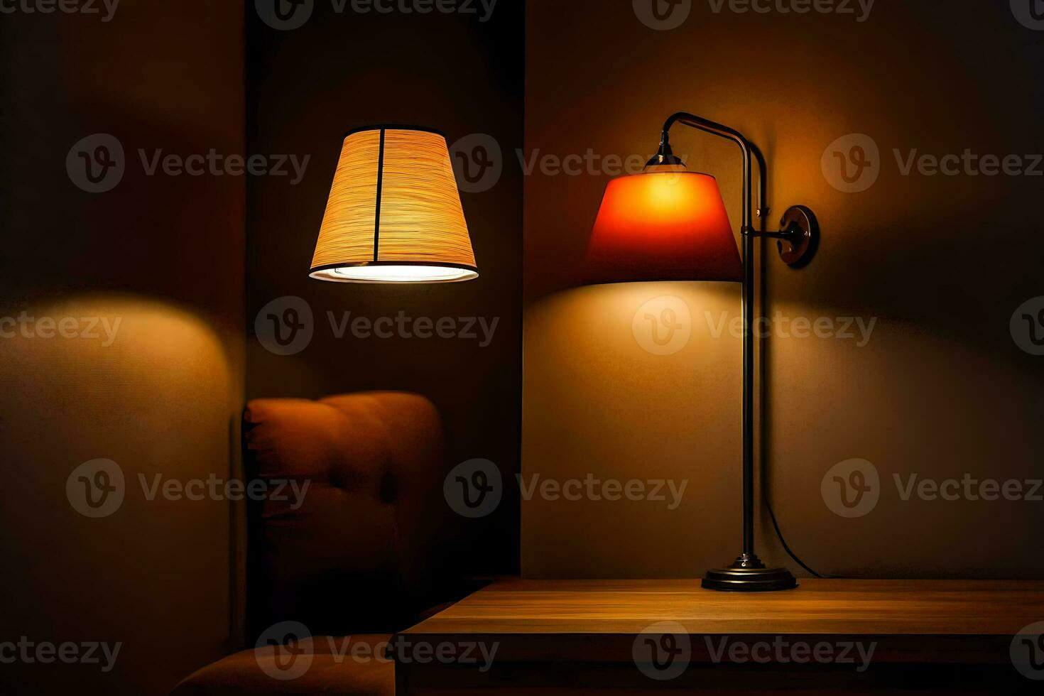 un' lampada e un' sedia nel un' buio camera. ai-generato foto