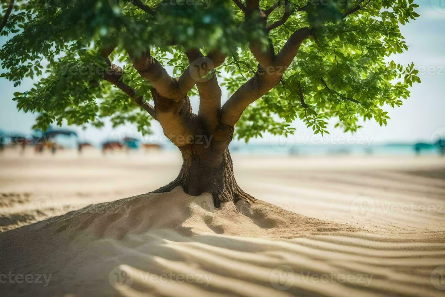 un' albero su il spiaggia con sabbia dune nel il sfondo. ai-generato foto