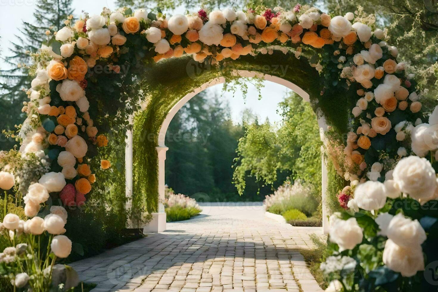 un' nozze arco fatto di fiori è nel il mezzo di un' giardino. ai-generato foto