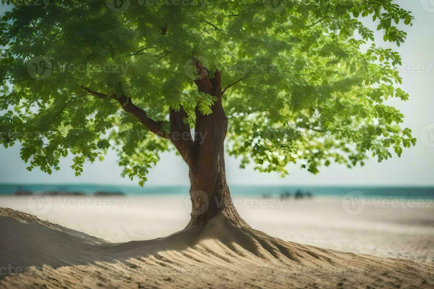 un' albero su il spiaggia con sabbia dune nel il sfondo. ai-generato foto
