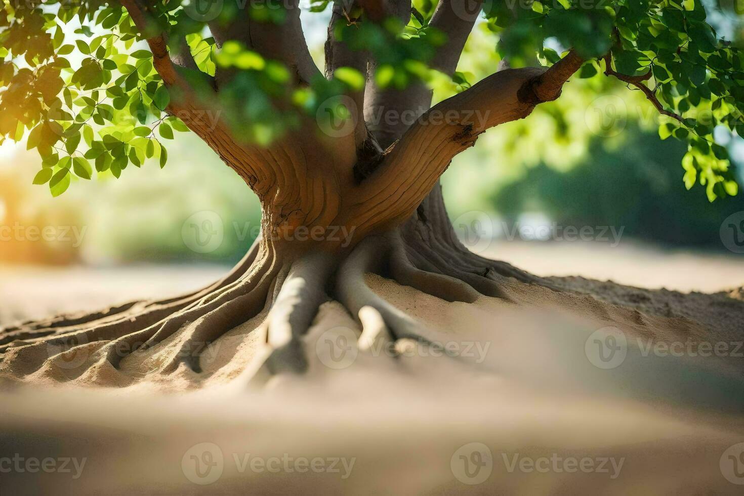 un' albero con suo radici nel il sabbia. ai-generato foto