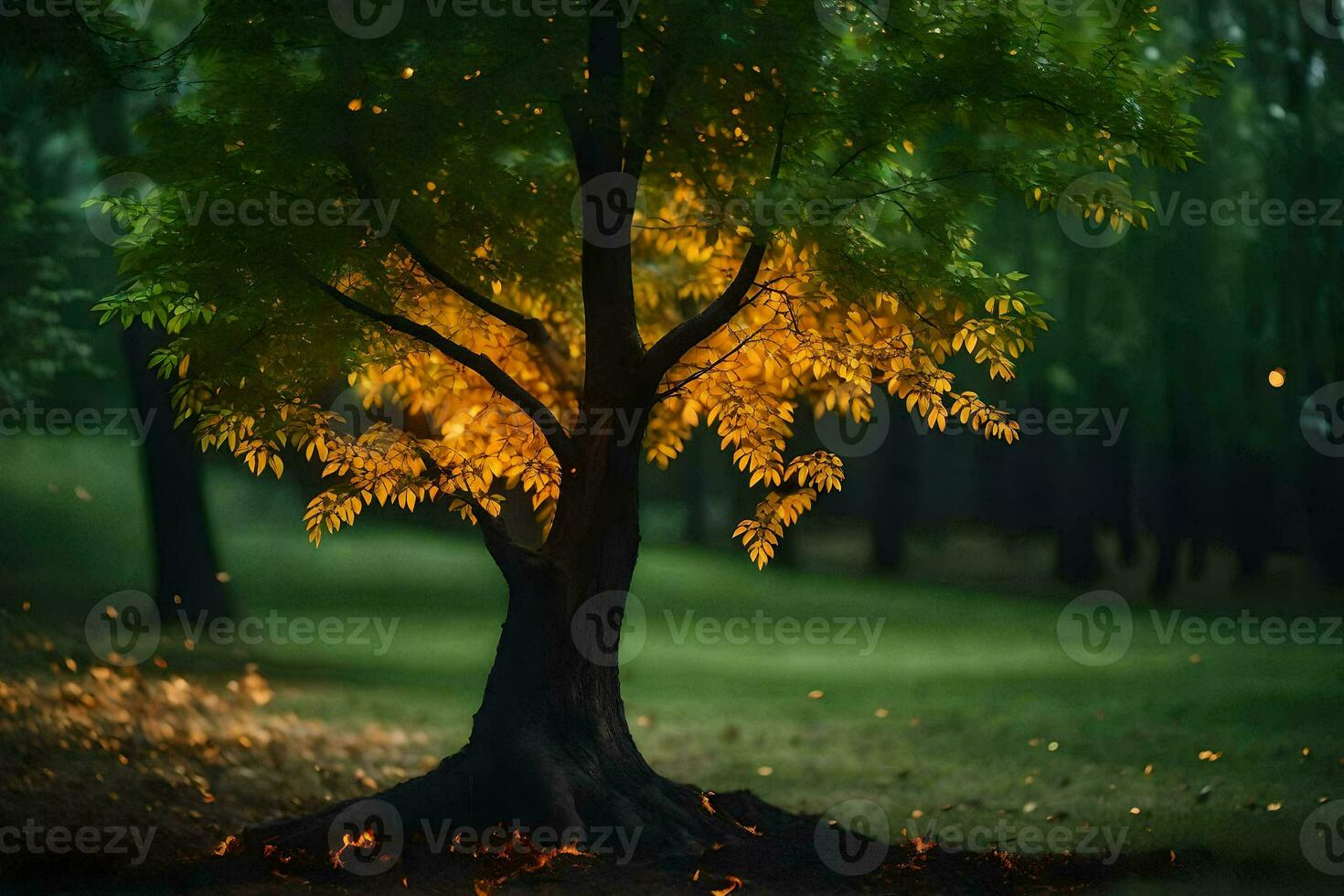 un' albero con giallo le foglie nel il mezzo di un' campo. ai-generato foto