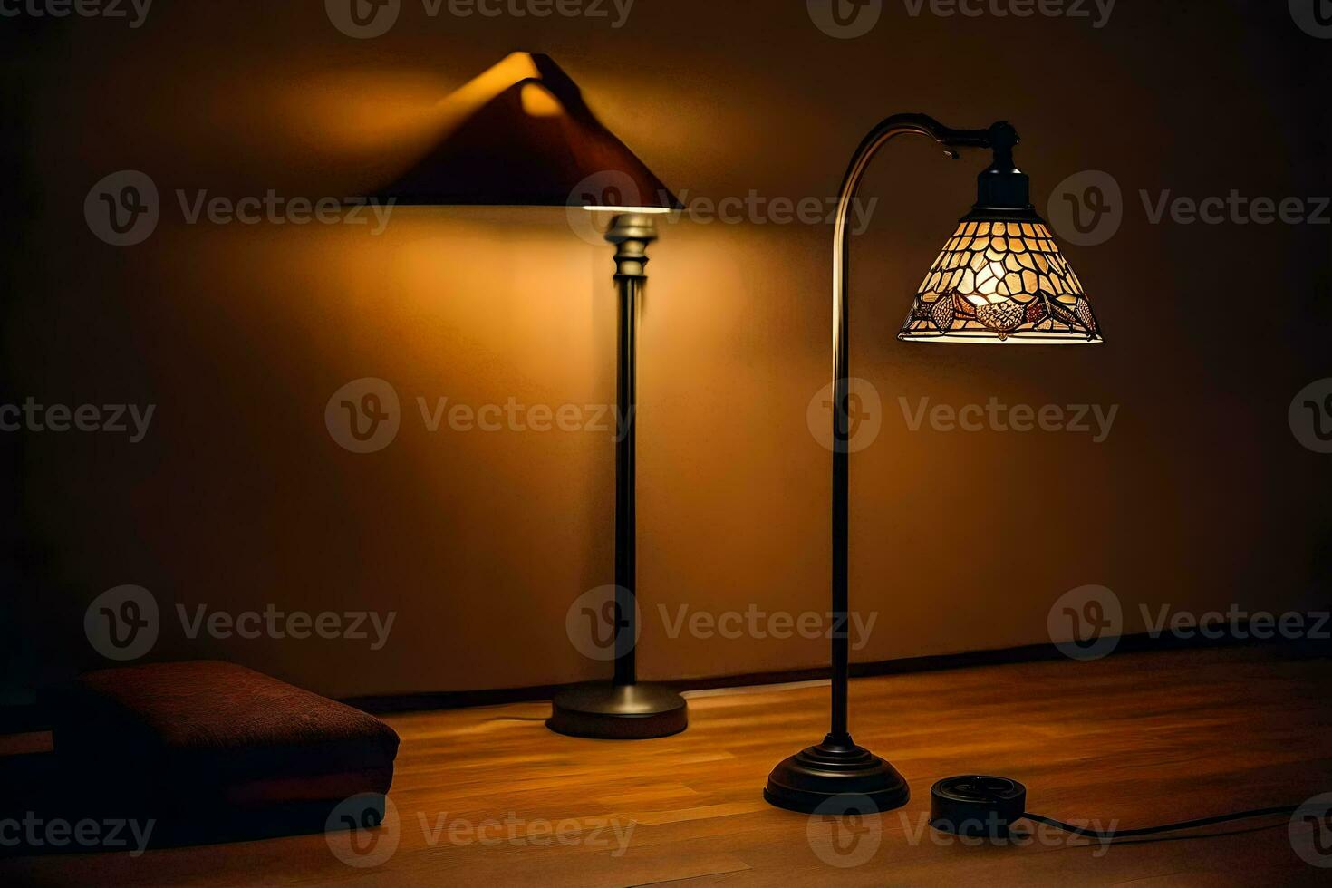 un' lampada e un' pavimento lampada nel un' buio camera. ai-generato foto