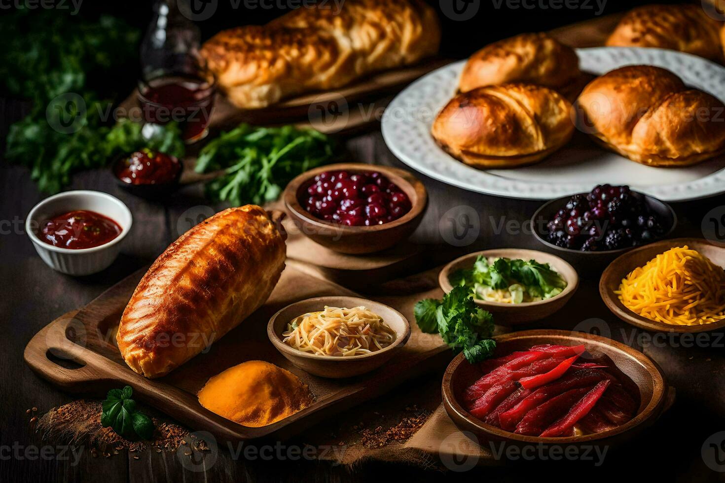 un' tavolo con vario Alimenti Compreso pane, formaggio e altro ingredienti. ai-generato foto