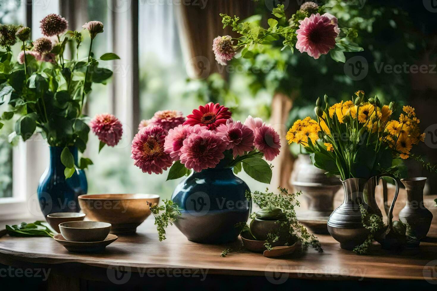 fiori nel vasi su un' tavolo. ai-generato foto