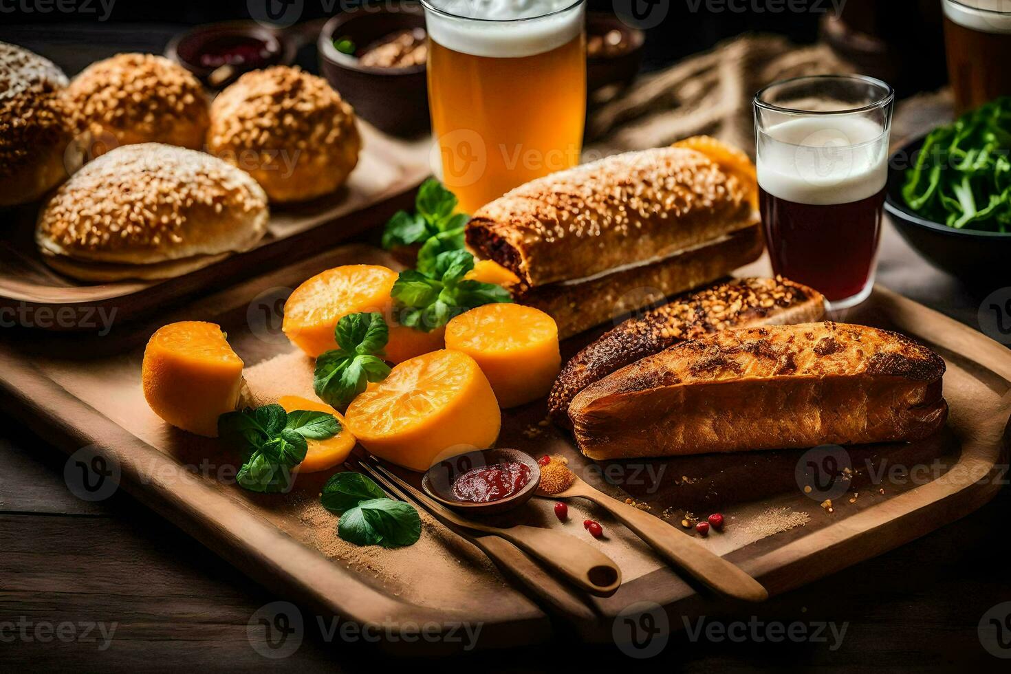 un' di legno vassoio con pane, birra e altro cibo. ai-generato foto