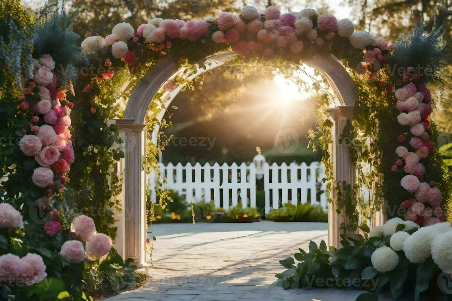 un' bellissimo arcata con fiori e verde. ai-generato foto