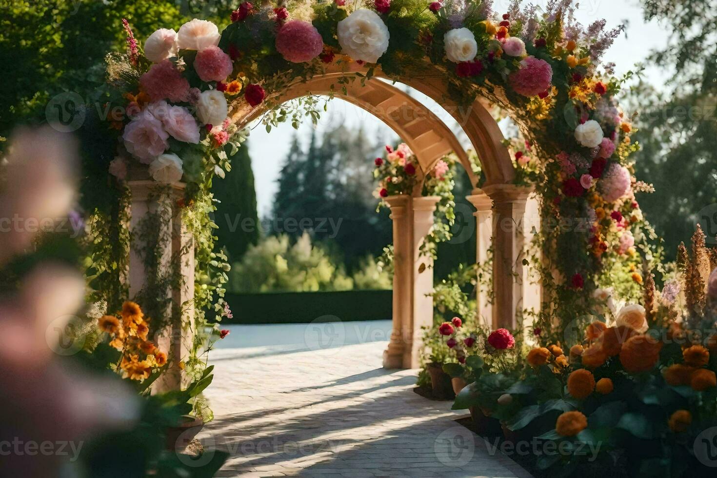 un' nozze arco con fiori e verde. ai-generato foto