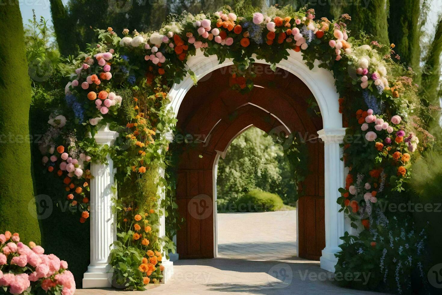 un' bellissimo arcata con fiori e verde. ai-generato foto