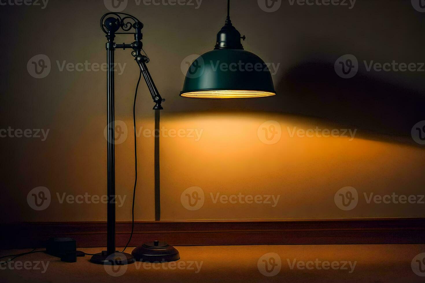 un' lampada con un' verde ombra e un' lampada su il pavimento. ai-generato foto