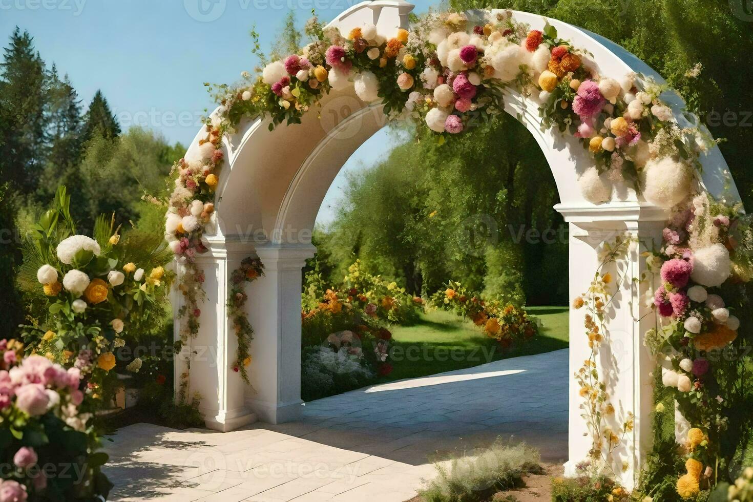 un' nozze arco decorato con fiori e verde. ai-generato foto