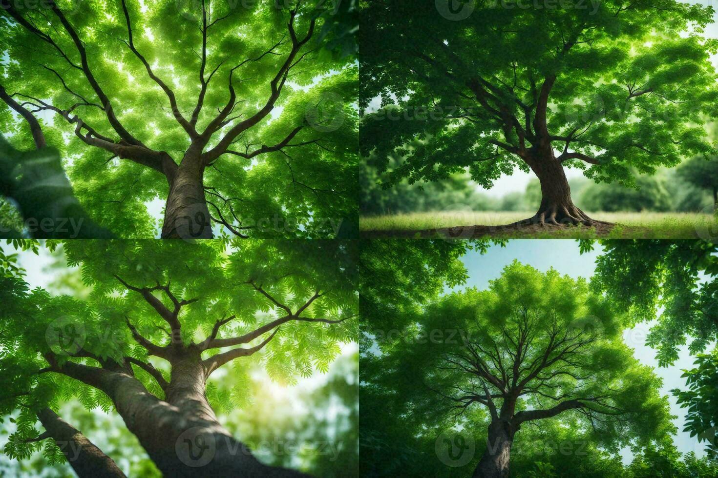 quattro diverso visualizzazioni di un' albero con luce del sole splendente attraverso. ai-generato foto