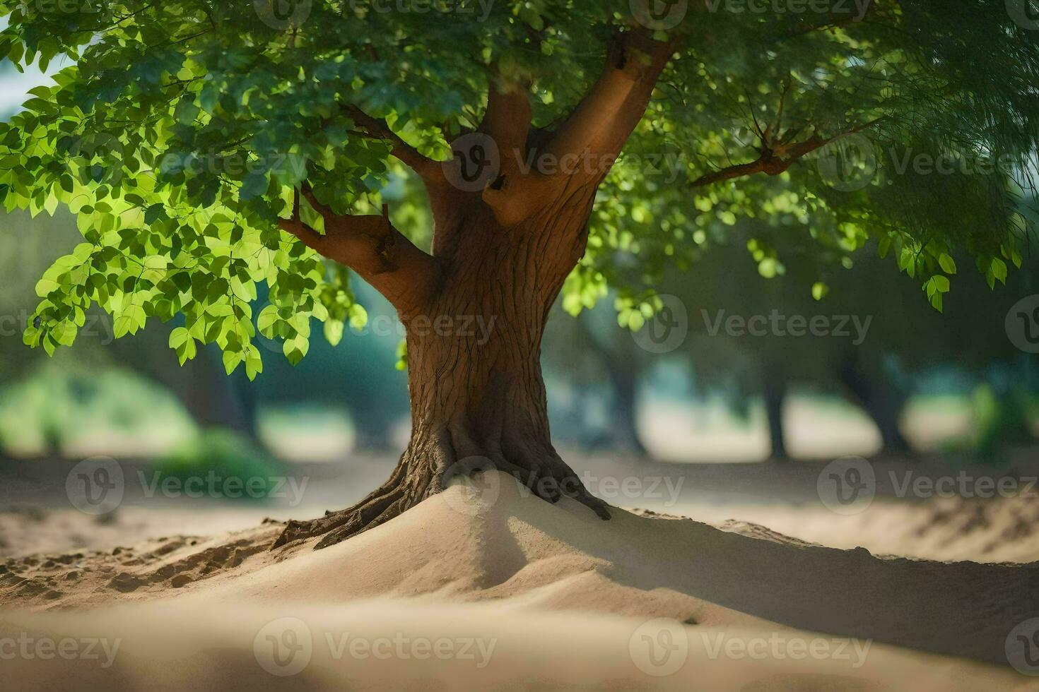 un' albero nel il deserto con sabbia e alberi. ai-generato foto