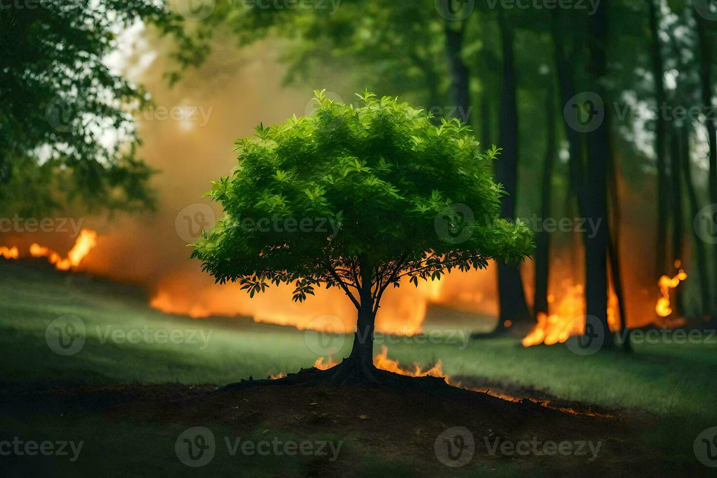 un' albero è in piedi nel il mezzo di un' foresta con fiamme. ai-generato foto