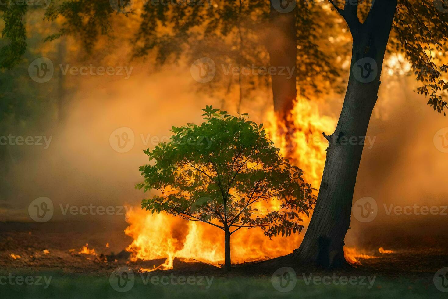 un' albero è ardente nel il foresta. ai-generato foto