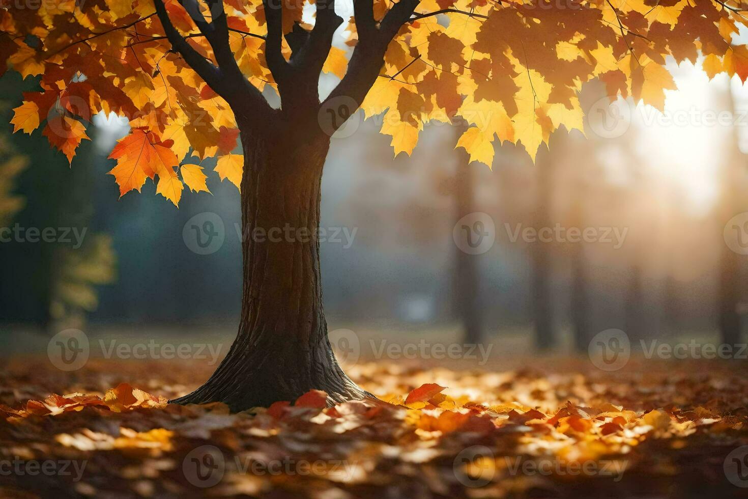 autunno albero nel il foresta con le foglie cadente. ai-generato foto