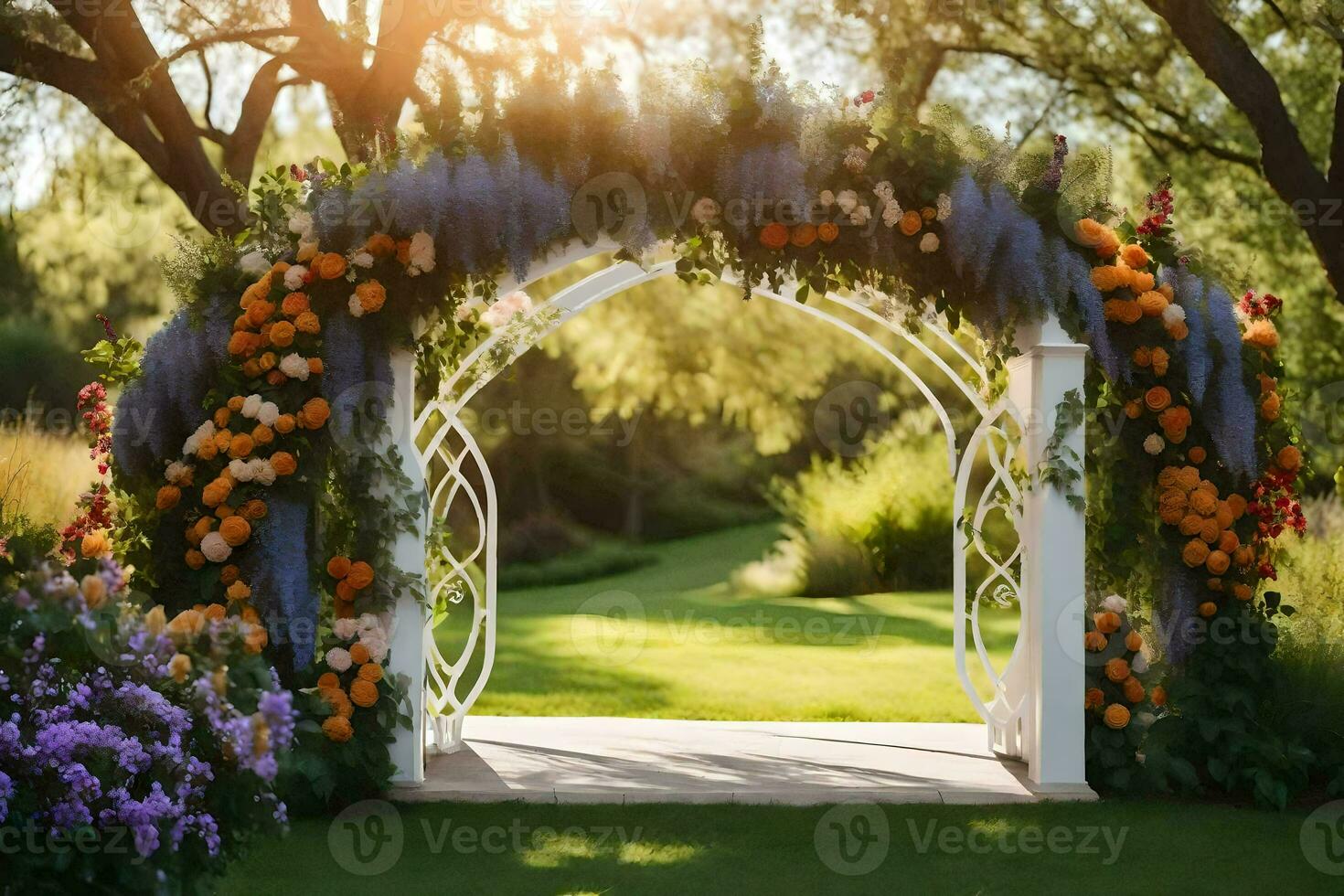 un arcata con fiori e alberi nel il sfondo. ai-generato foto