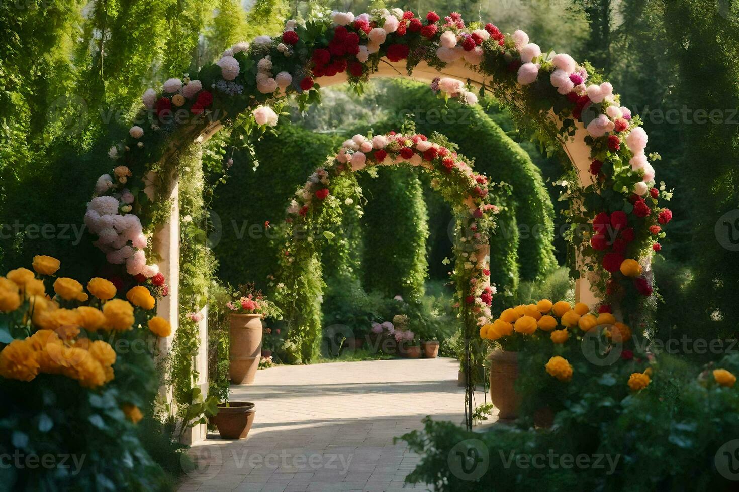 un' passerella con fiori e verdura nel il sfondo. ai-generato foto