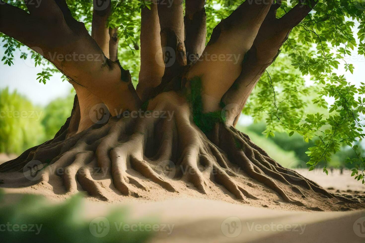 un' albero con radici nel il sabbia. ai-generato foto