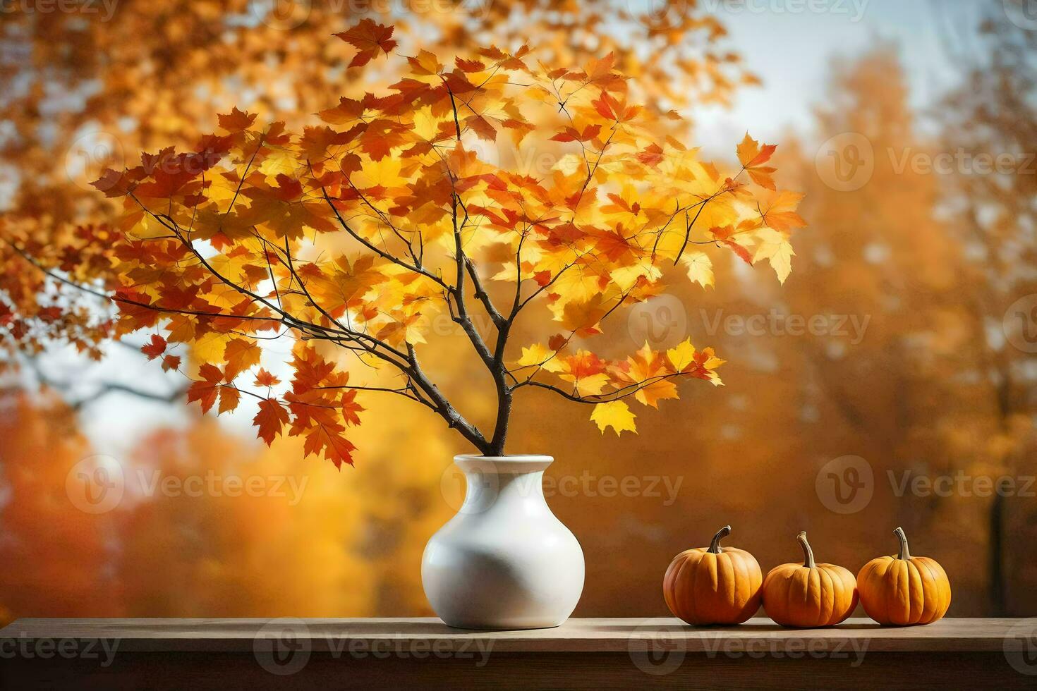 autunno le foglie nel un' vaso con zucche su un' tavolo. ai-generato foto