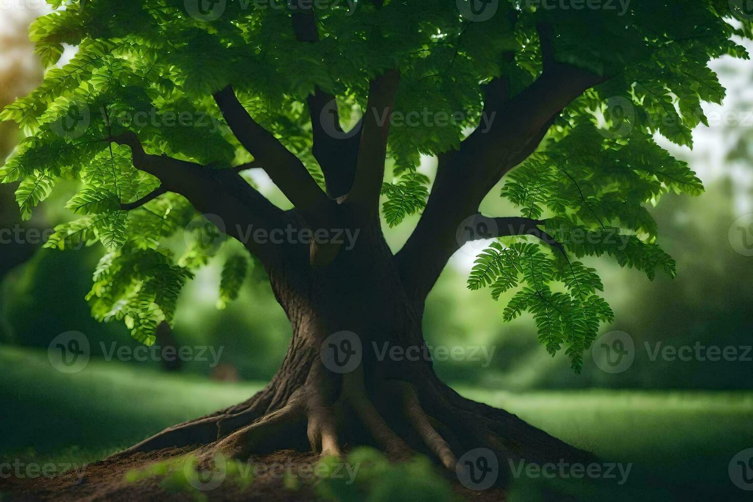 un' albero con radici nel il erba. ai-generato foto