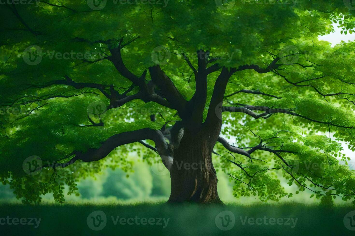 un' grande albero nel il mezzo di un' verde campo. ai-generato foto