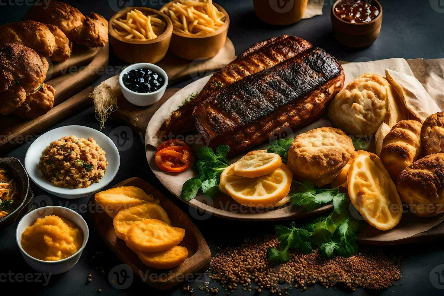 un' varietà di cibo su un' di legno tavola. ai-generato foto