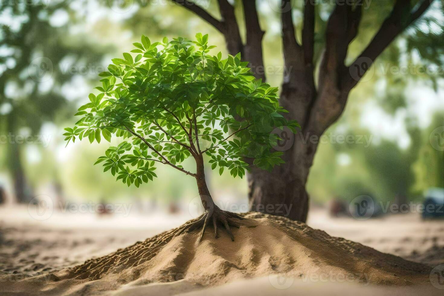 un' piccolo albero in crescita su di un' sabbia duna. ai-generato foto