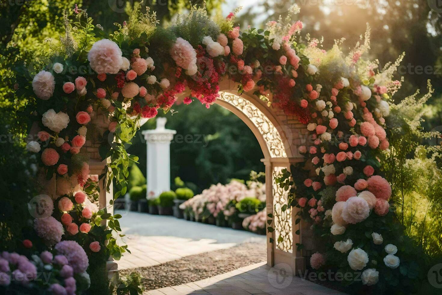 un arcata con rosa fiori e verde le foglie. ai-generato foto