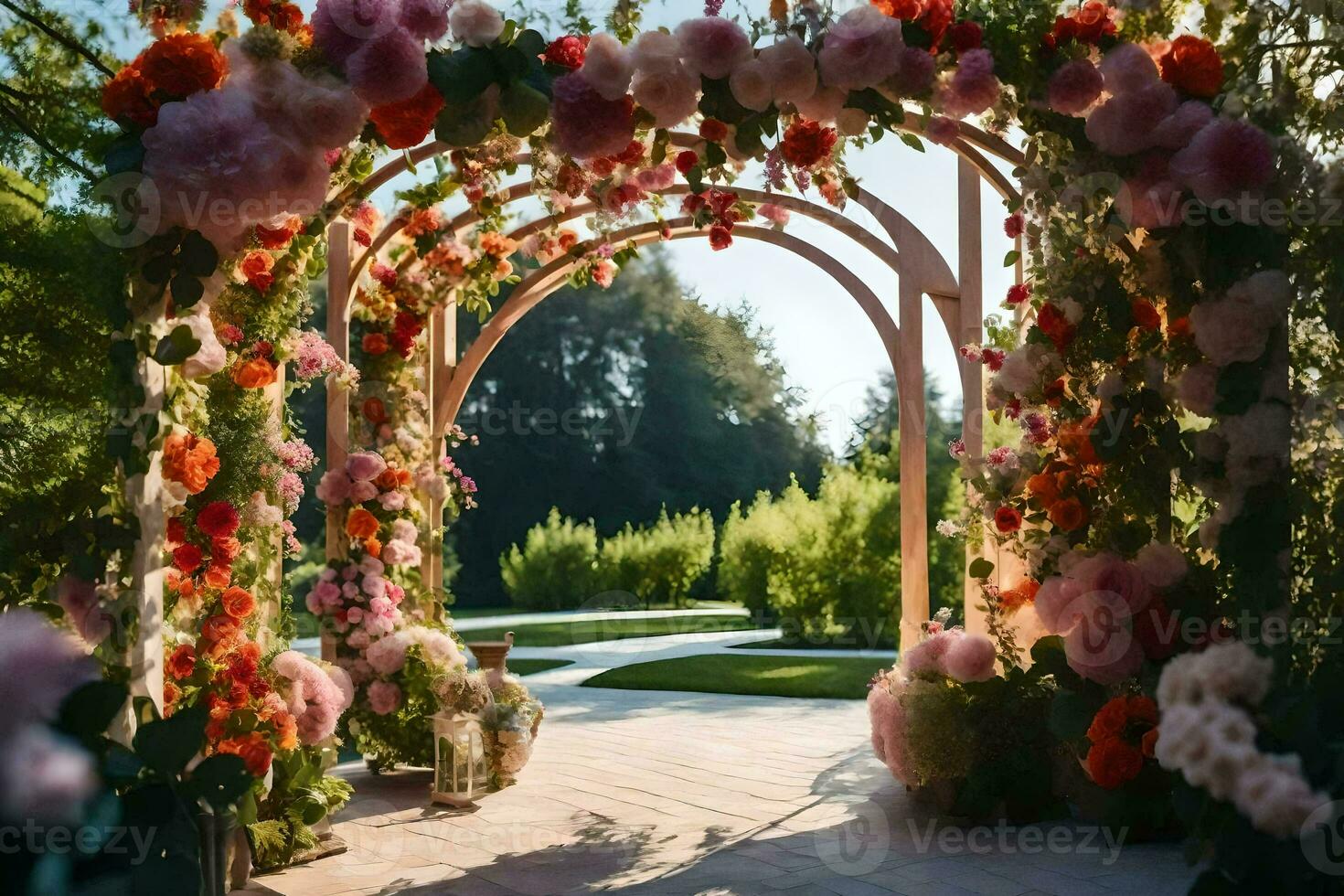 un' fiore arcata è decorato con rosa e arancia fiori. ai-generato foto