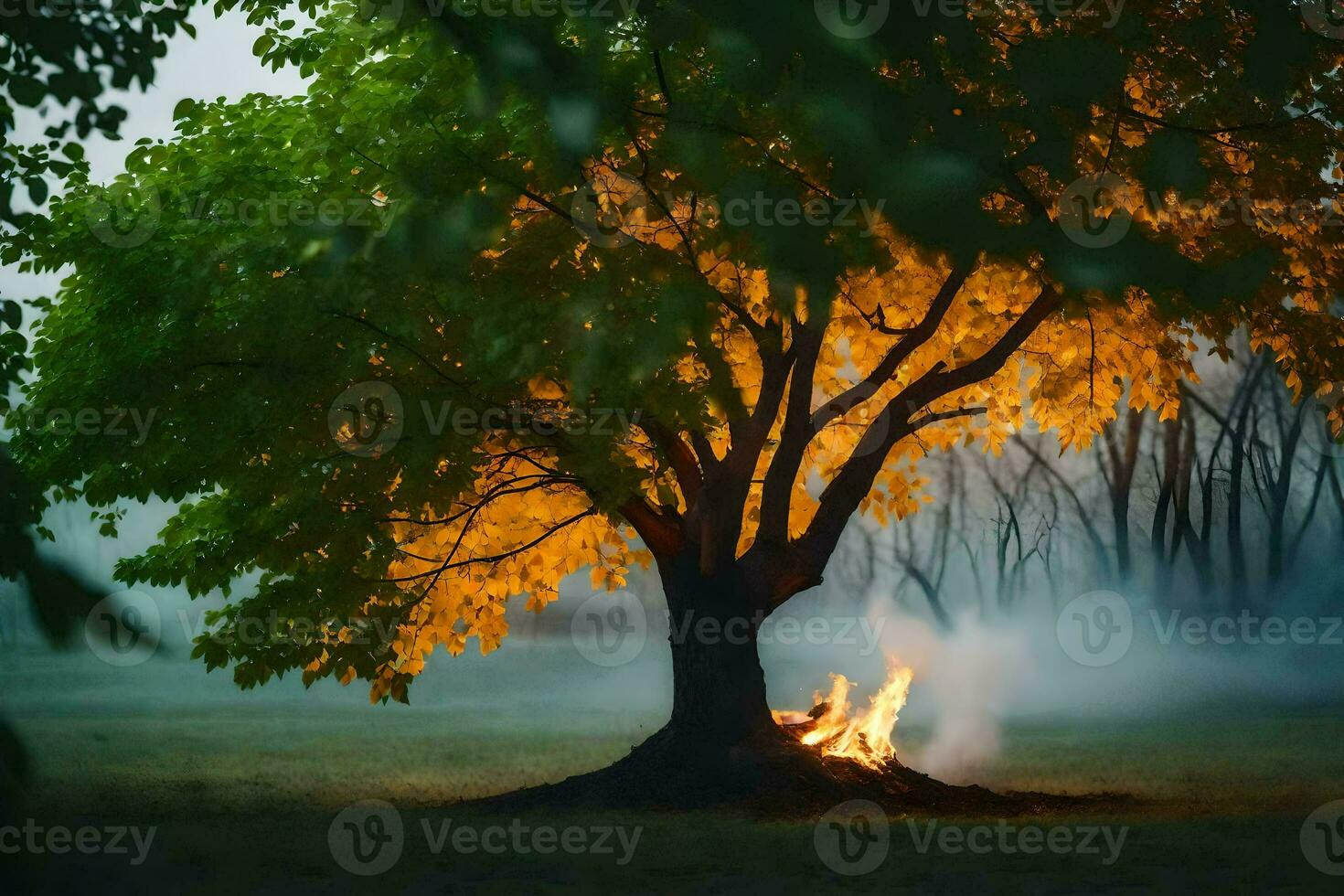 un' albero con un' fuoco nel il mezzo di esso. ai-generato foto