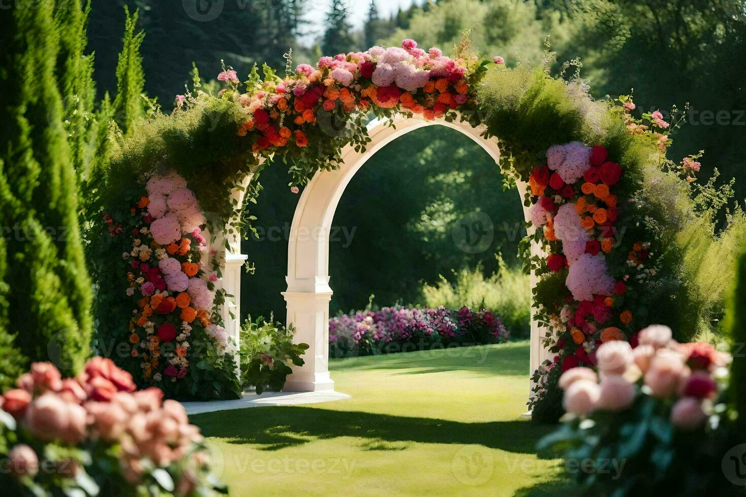 un' bellissimo arcata con fiori nel il giardino. ai-generato foto