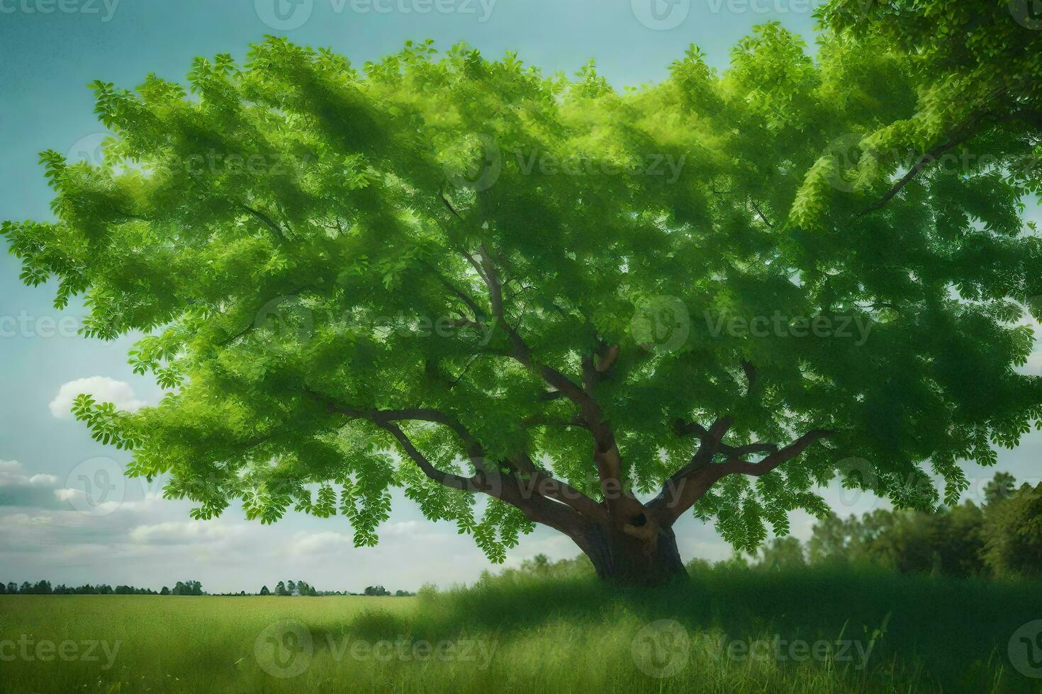 un' grande albero nel un' campo con verde le foglie. ai-generato foto