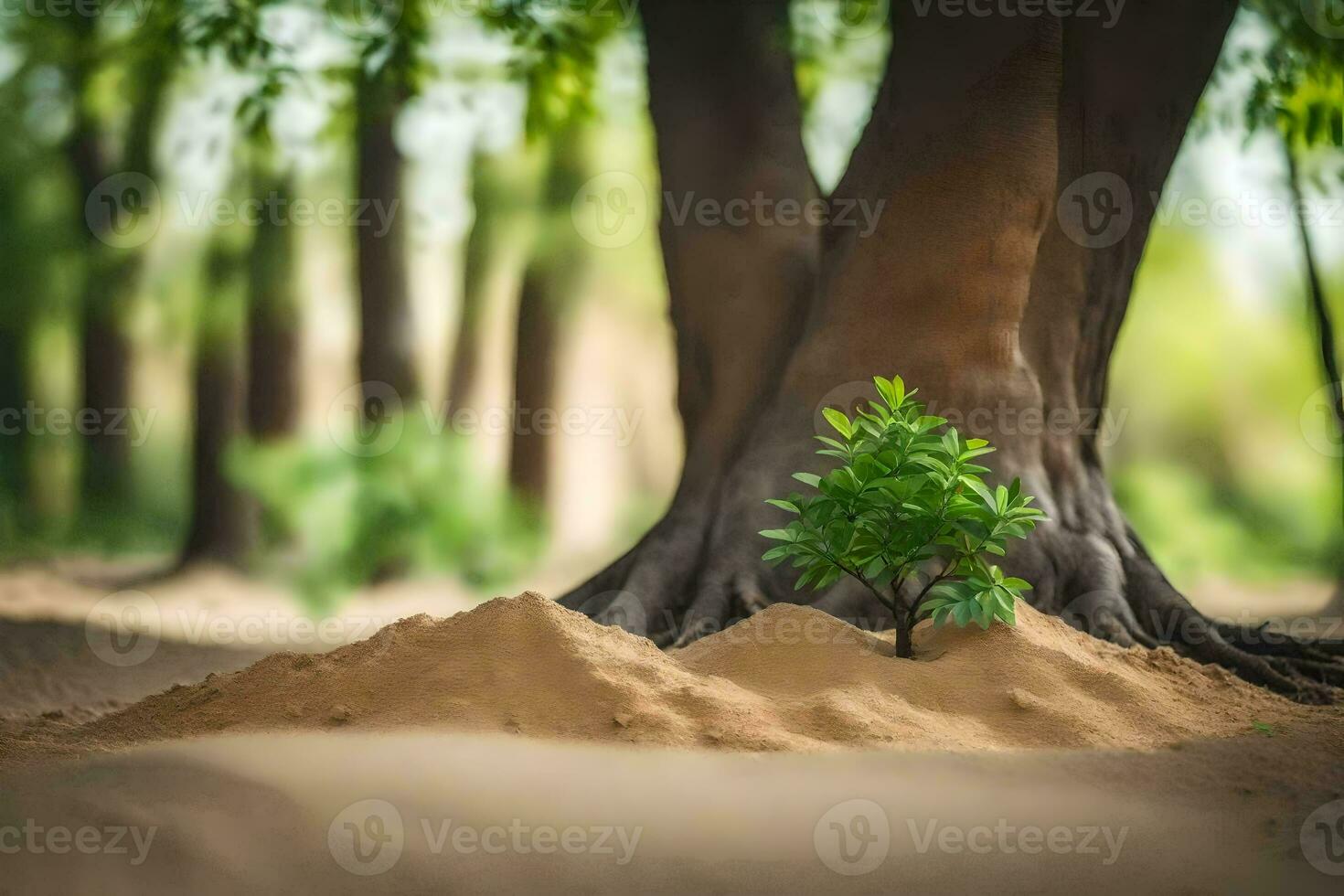 un' piccolo albero in crescita su di il sabbia nel il mezzo di un' foresta. ai-generato foto